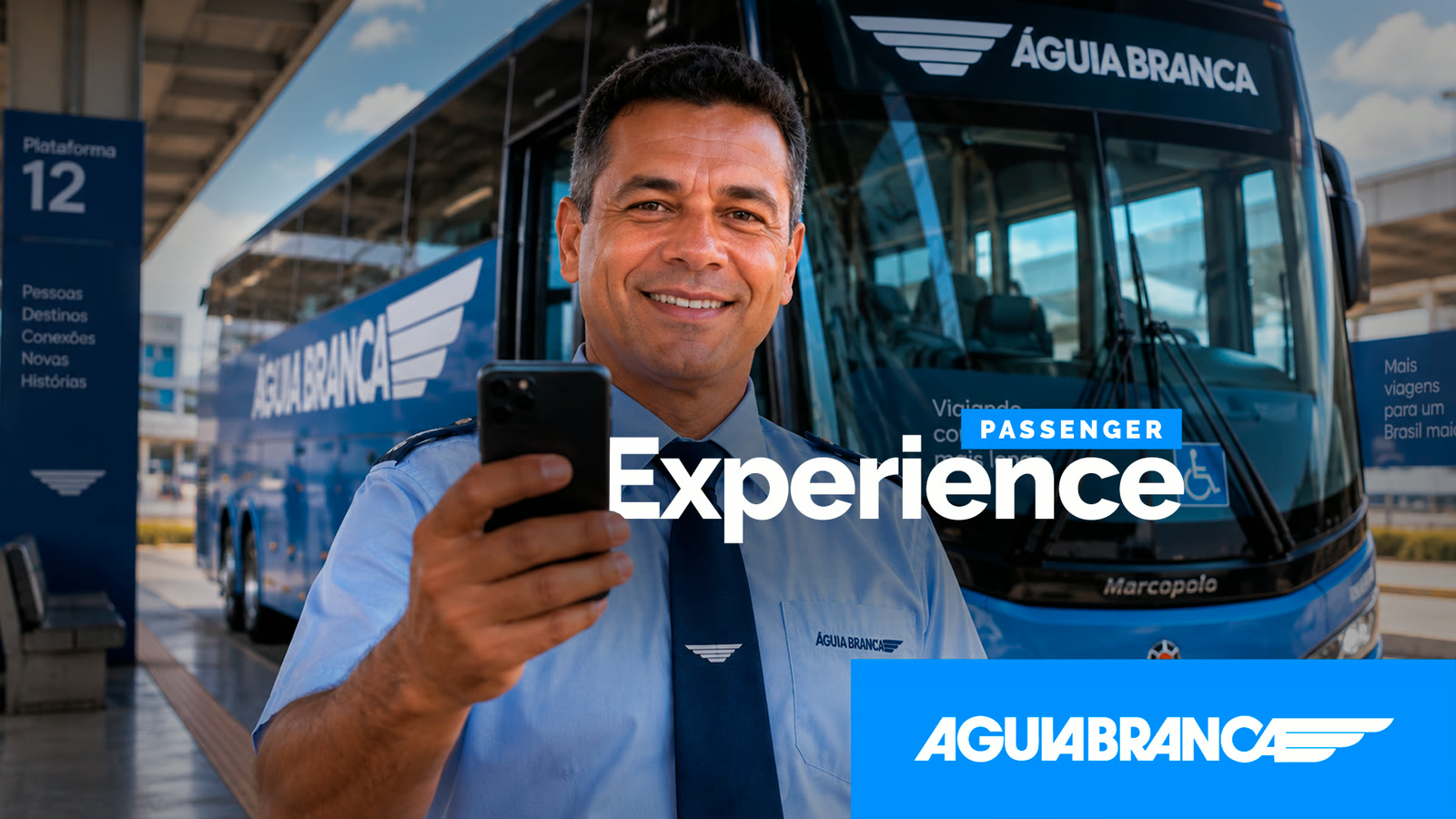 Capa do case: motorista da Águia Branca sorrindo com o celular na mão em frente a um ônibus, com o título Passenger Experience