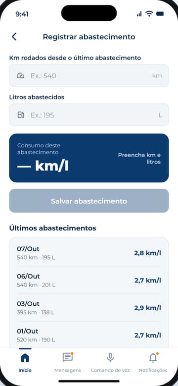 Registrar abastecimento: quilômetros rodados e litros, cálculo do consumo e os últimos abastecimentos