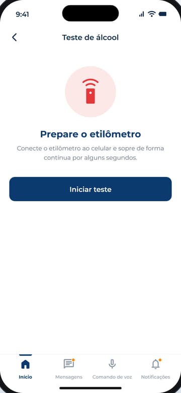 Teste de álcool: o app pede para conectar o etilômetro ao celular e soprar de forma contínua
