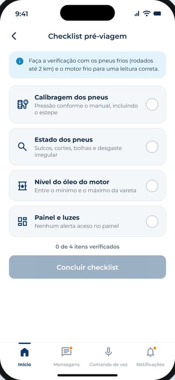 Checklist pré-viagem: calibragem e estado dos pneus, nível do óleo e painel e luzes, para marcar antes de sair