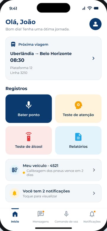 Início do motorista: próxima viagem de Uberlândia a Belo Horizonte às 08:30, atalhos para bater ponto, teste de atenção, teste de álcool e relatórios, o veículo e as notificações