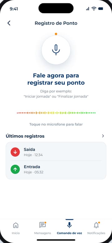 Registro de ponto por voz: o motorista fala para iniciar ou finalizar a jornada, com o histórico dos últimos registros