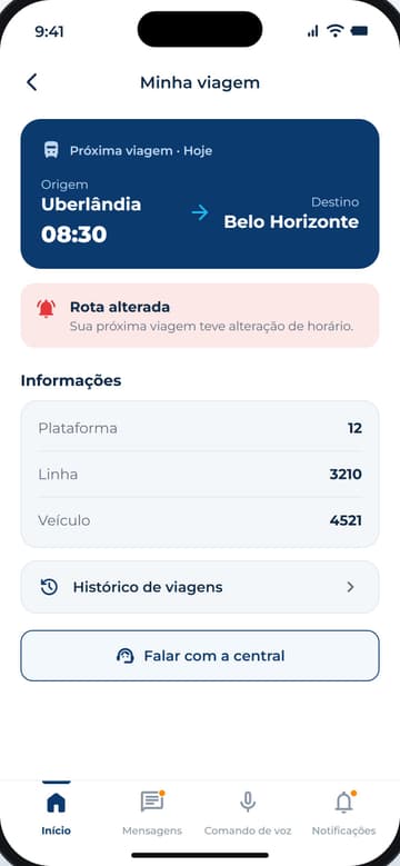 Minha viagem: origem, destino e horário, alerta de rota alterada, plataforma, linha e veículo, com atalho para falar com a central