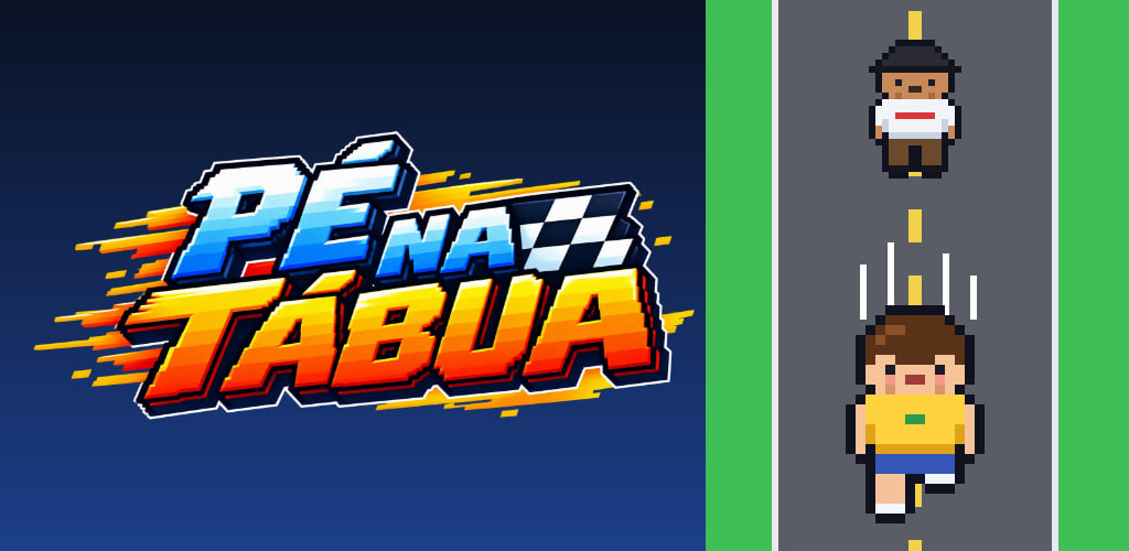 Arte do Pé na Tábua: o logotipo em letras de fogo e o menino de camisa amarela correndo na estrada, em pixel art