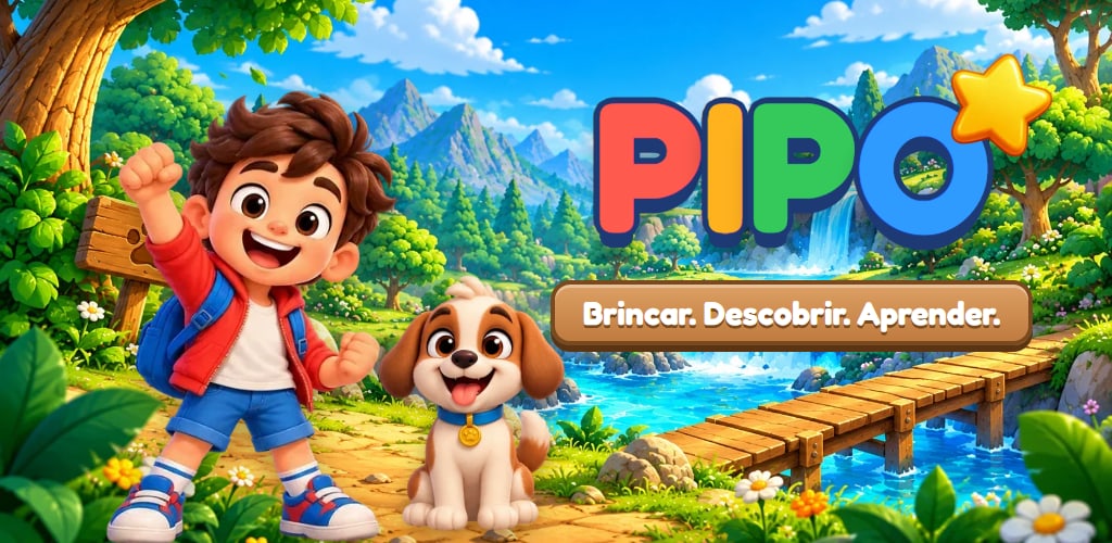 Arte do Pipo: o menino Pipo de mochila e o cachorrinho Paçoca numa floresta com cachoeira, ao lado do logotipo colorido e da frase Brincar. Descobrir. Aprender.