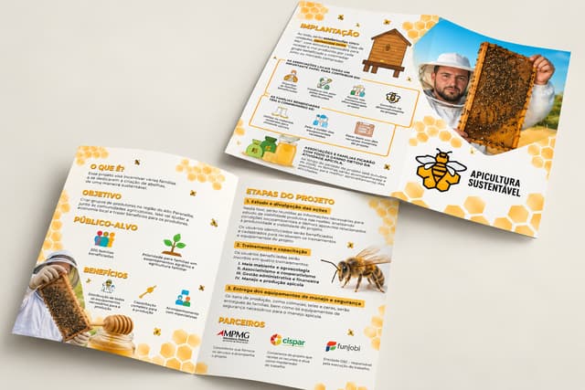 Folder do projeto Apicultura Sustentável em amarelo e branco, com apicultor segurando um quadro de colmeia e ilustrações de abelhas