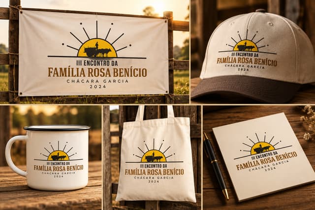Marca do III Encontro da Família Rosa Benício aplicada em faixa, boné, caneca, sacola e caderno