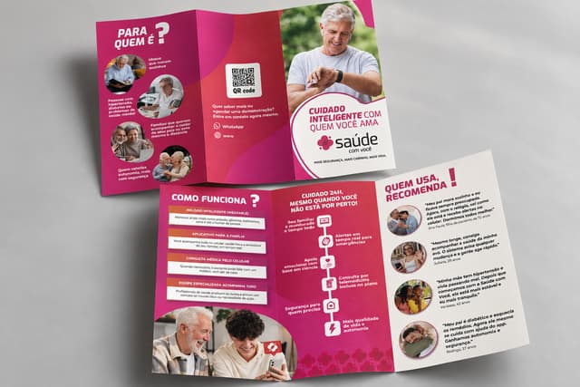 Folder de três dobras da Saúde com Você em rosa e vermelho, com fotos de idosos e famílias, visto por fora e por dentro