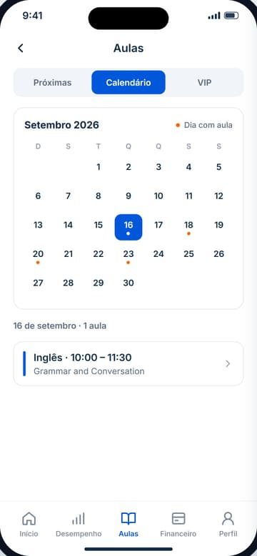 Calendário do mês com os dias de aula marcados e a aula do dia selecionado