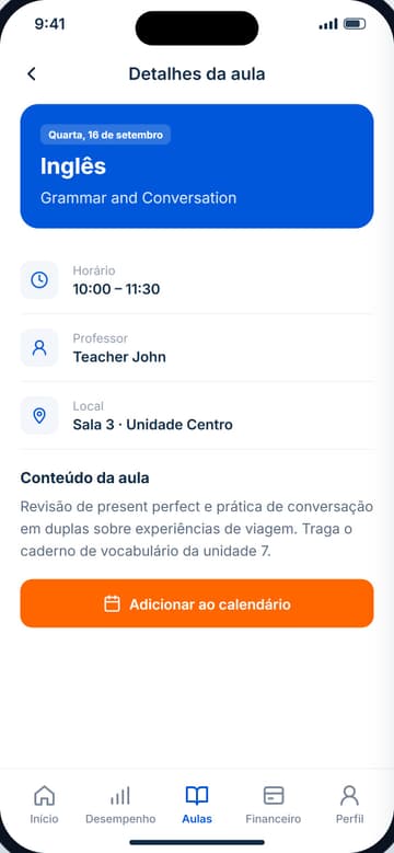 Detalhes da aula: horário, professor, sala, conteúdo da aula e botão para adicionar ao calendário