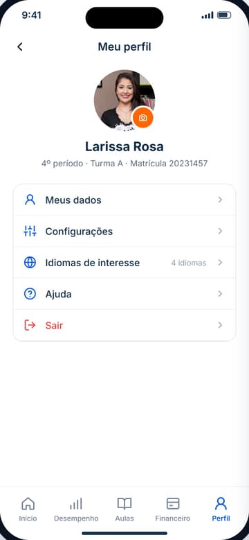 Meu perfil: foto, nome e matrícula da aluna e atalhos para meus dados, configurações, idiomas de interesse, ajuda e sair