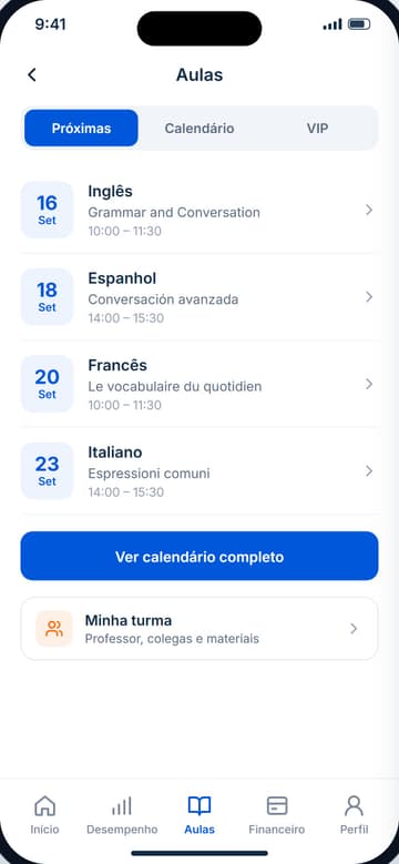 Aulas, aba Próximas: lista das próximas aulas por data, idioma e horário, com atalho para o calendário completo e para a turma