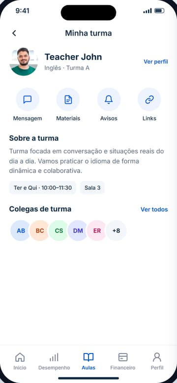 Minha turma: professor, atalhos para mensagem, materiais, avisos e links, descrição da turma e colegas