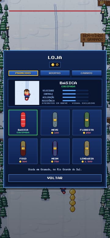 Loja do jogo com abas de pranchas, roupas e carros, e as pranchas Básica, Neve, Floresta, Fogo, Neon e Lendária