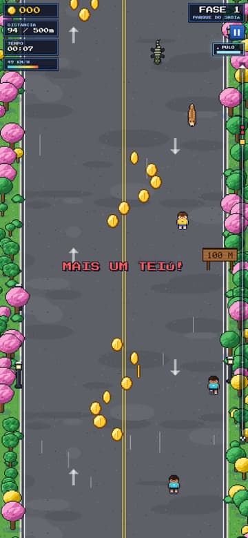 Corrida no Parque do Sabiá: o menino desce a avenida entre ipês rosa e moedas, e a tela avisa Mais um teiú!