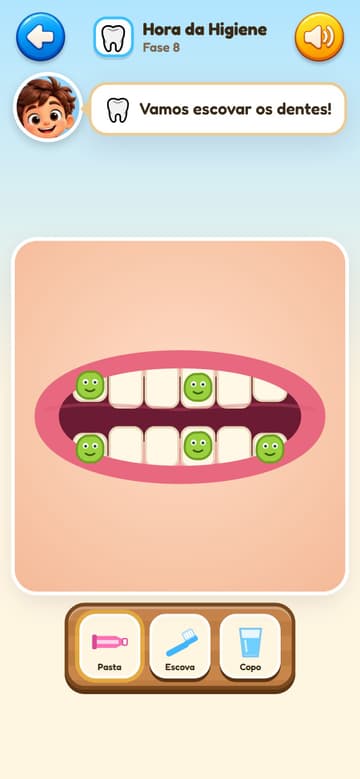 Hora da Higiene: uma boca com sujeirinhas verdes nos dentes e os itens pasta, escova e copo para escovar