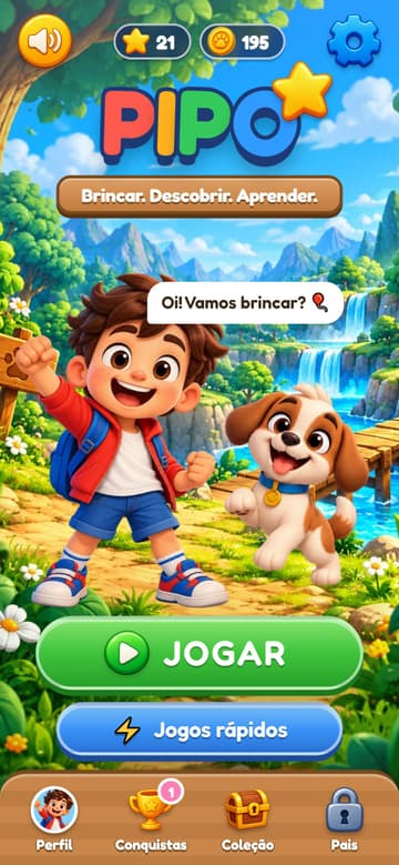 Tela inicial do Pipo: o logotipo colorido, o menino Pipo e o cachorrinho Paçoca na floresta, e os botões Jogar e Jogos rápidos