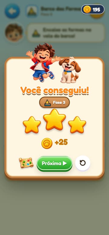 Fim de fase: o Pipo e o Paçoca comemorando, três estrelas, 25 moedas e o botão Próxima