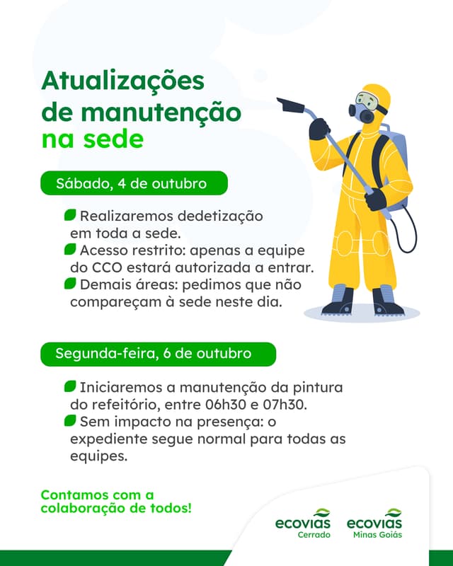 Comunicado interno da Ecovias sobre manutenção na sede, com ilustração de profissional de dedetização em roupa amarela